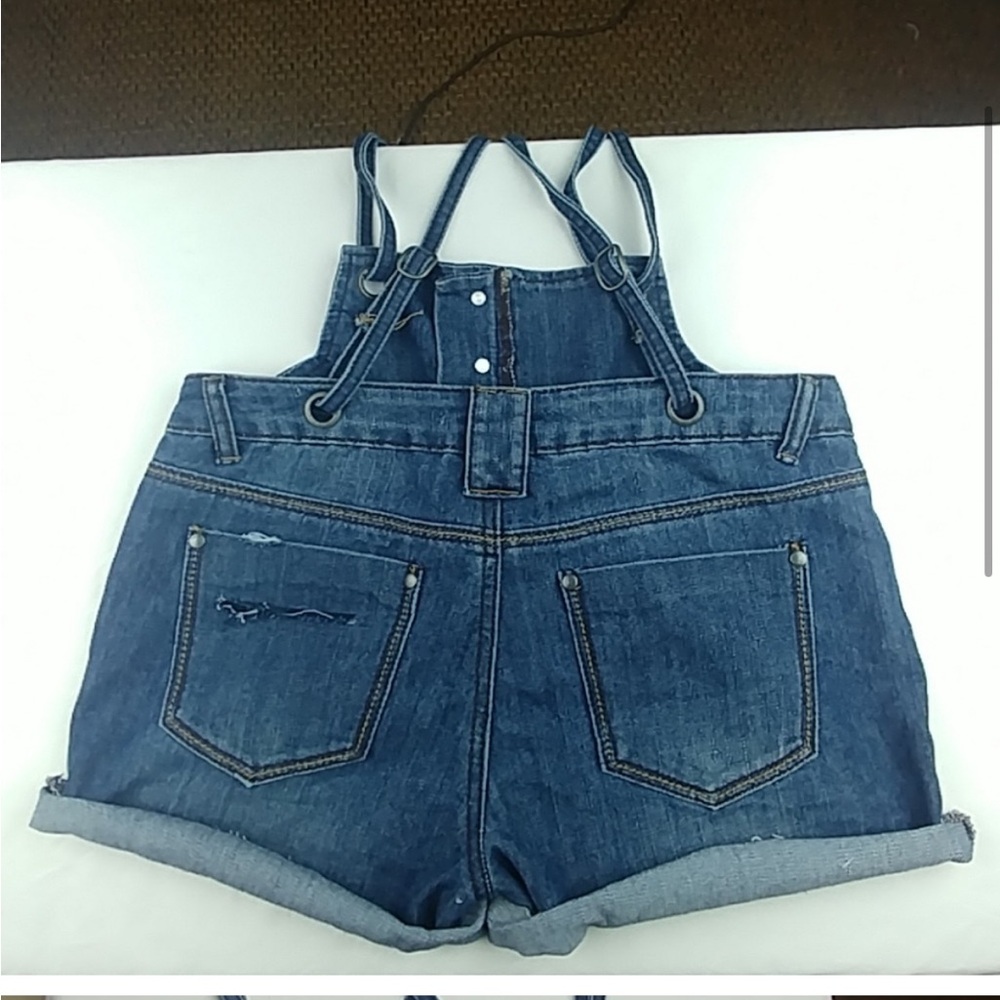 Stretch custom cut denim overall shorts